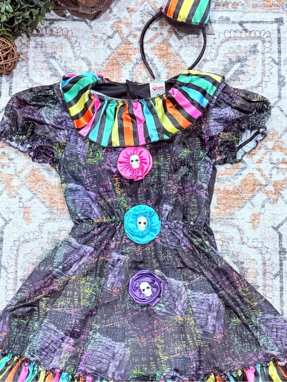 Girls' Black Halloween Clown Dress Costume with Multicolor Accents